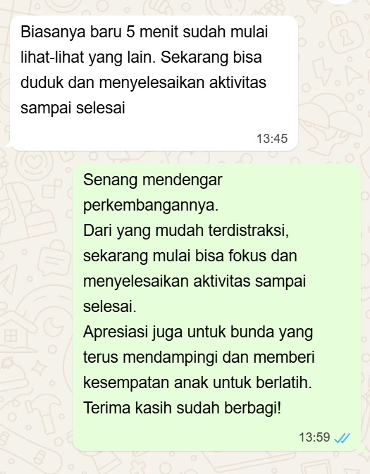 Screenshot WhatsApp testimoni orang tua pengguna Focus Kit: bisa duduk dan menyelesaikan aktivitas sampai selesai