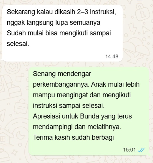 Screenshot WhatsApp testimoni orang tua pengguna Focus Kit: bisa mengikuti 2–3 instruksi sampai selesai