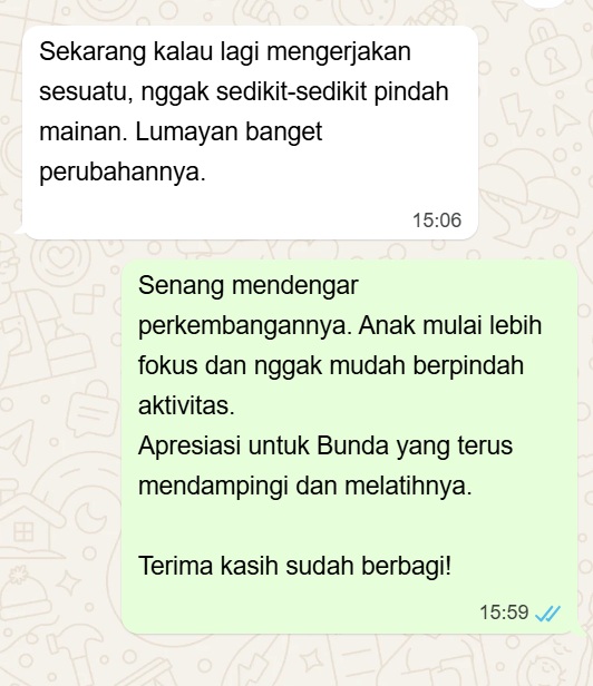 Screenshot WhatsApp testimoni orang tua pengguna Focus Kit: tidak sedikit-sedikit pindah mainan