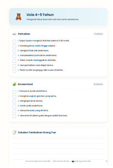 Focus Kit: Checklist Fokus & Konsentrasi usia 4–5 tahun